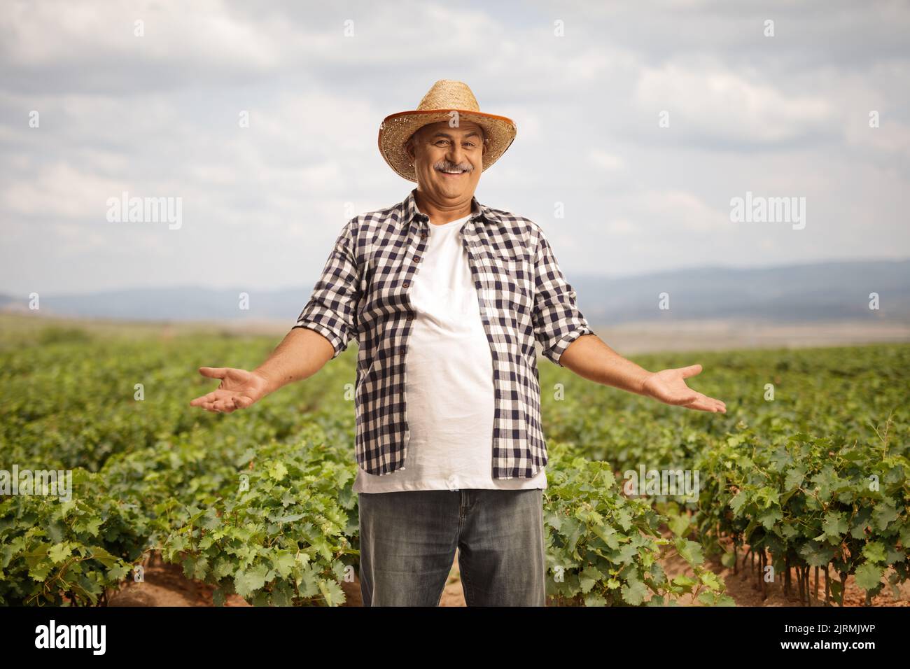 Lavoratore maschio maturo in piedi su un vivaio di vite e gesturing con le mani Foto Stock