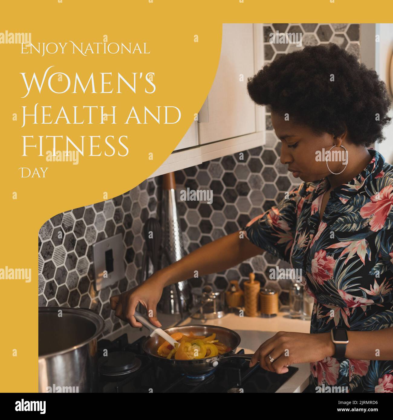 Immagine digitale della giovane donna afro-americana cucinata, giornata nazionale di salute e fitness femminile Foto Stock