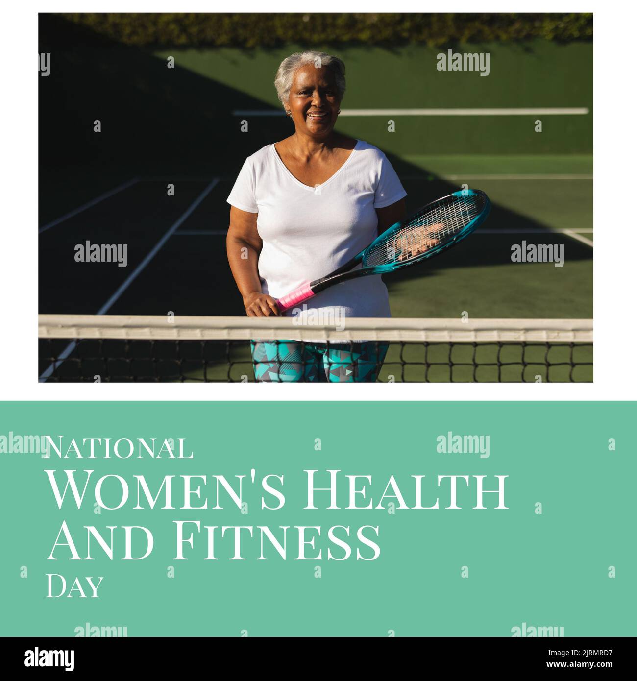 Ritratto di donna anziana afroamericana al campo da tennis, giornata nazionale di salute e fitness delle donne Foto Stock