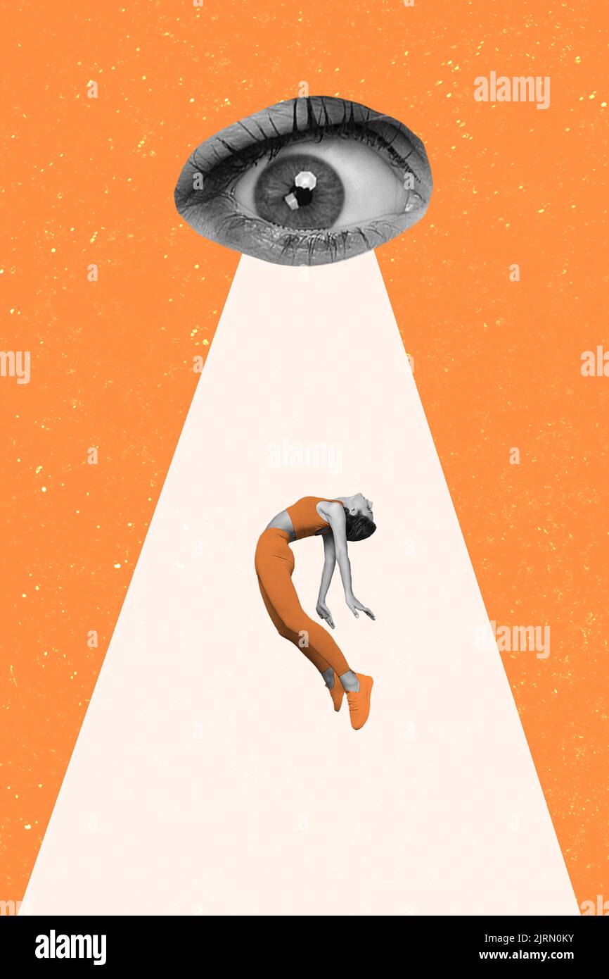 Illustrazione rivista immagine di alieno grande occhio luce raggi kidnapp dormire giovane donna esoterico telekinesis concetto isolato panting sfondo Foto Stock