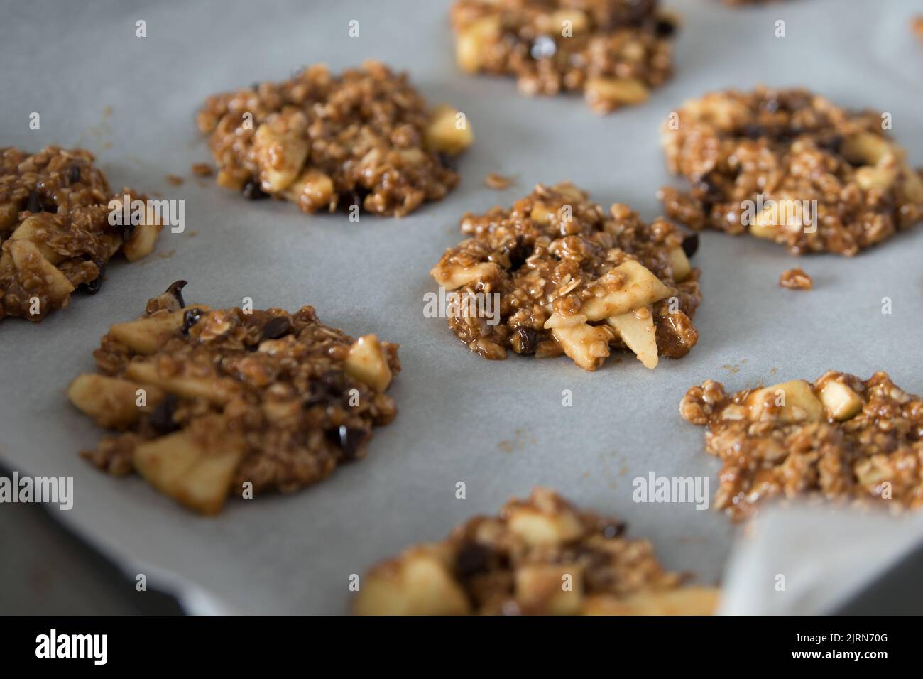 Biscotti salutari e deliziosi alla farina d'avena su un vassoio del forno Lifestyle Foto Stock