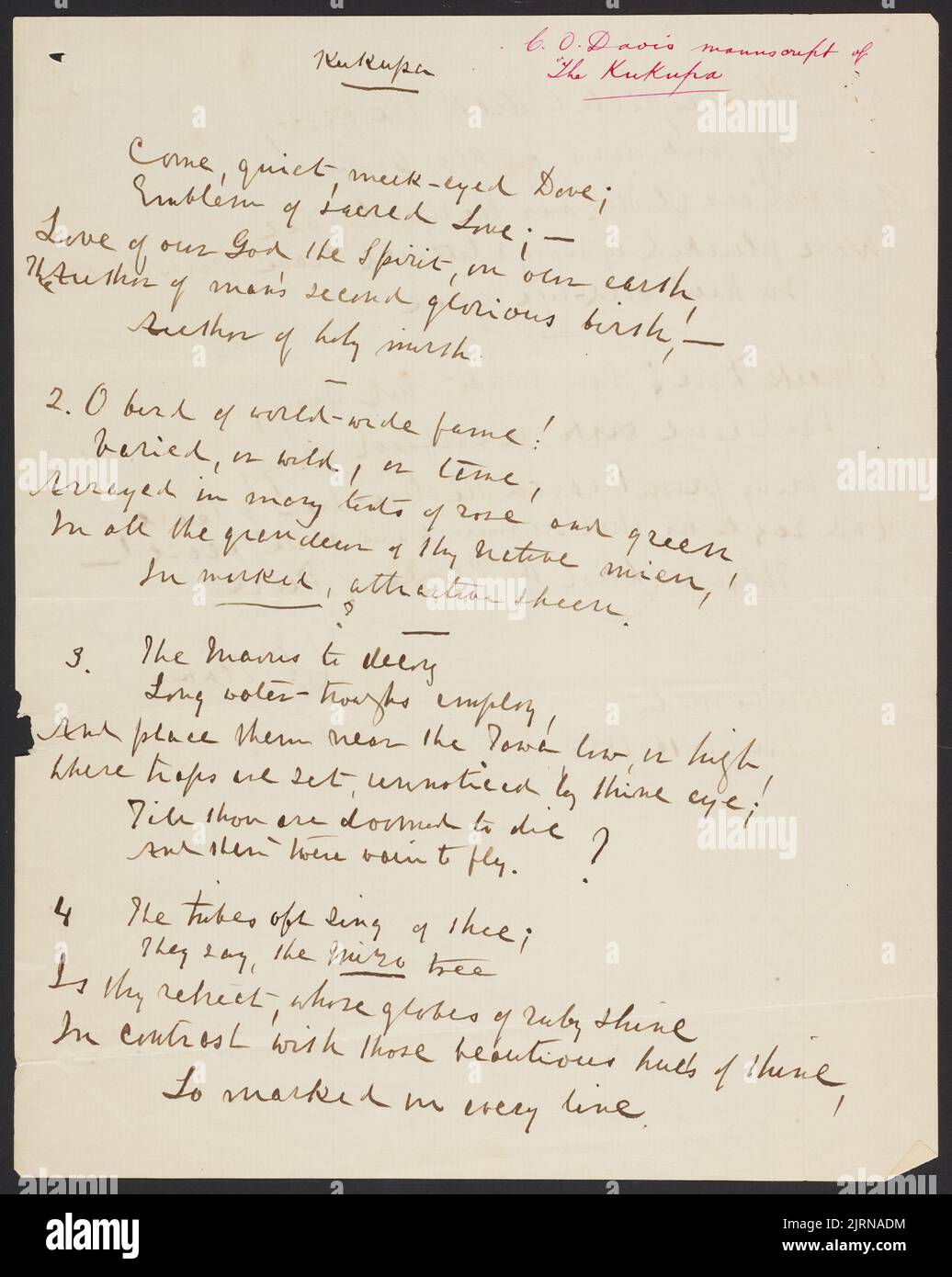 Manoscritto del Kukupa, Ohinemutu, 16 marzo 1880, di Charles Oliver Bond Davis. Foto Stock