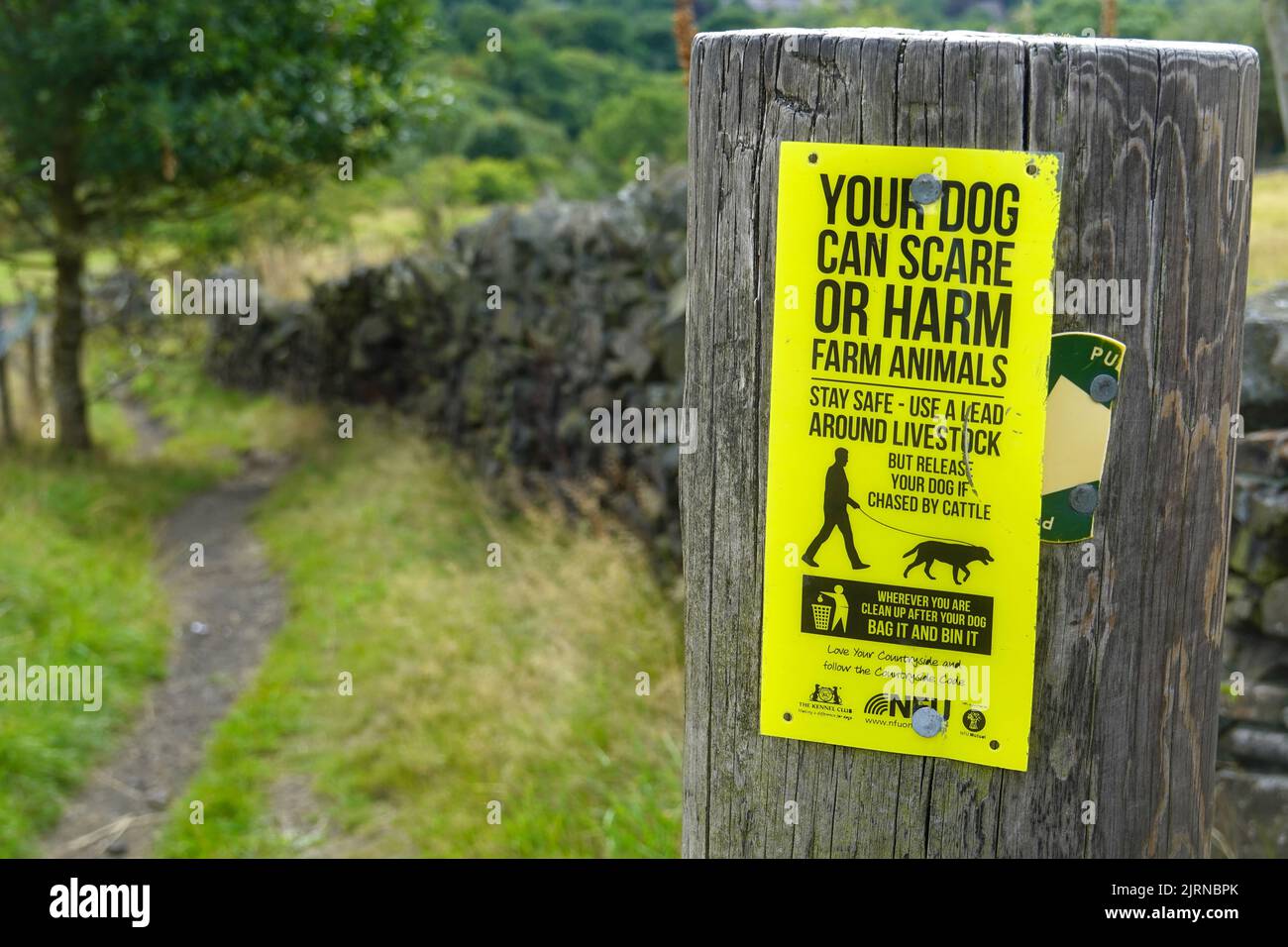 Un avviso su un sentiero pubblico a Birch vale, Derbyshire consiglia ai proprietari di cani di tenere i loro cani sotto controllo Foto Stock