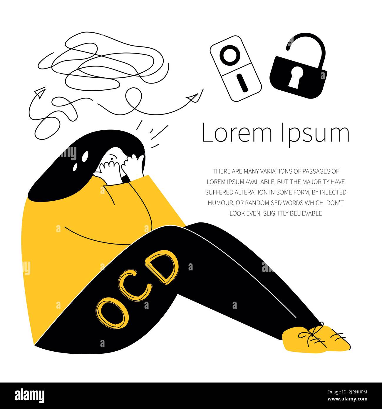 Sintomi OCD, paura e pensieri intrusivi di ON o OFF. L'illustrazione vettoriale con la ragazza ha ottenuto il disordine ossessivo compulsivo, il disagio di neurosi e. Illustrazione Vettoriale