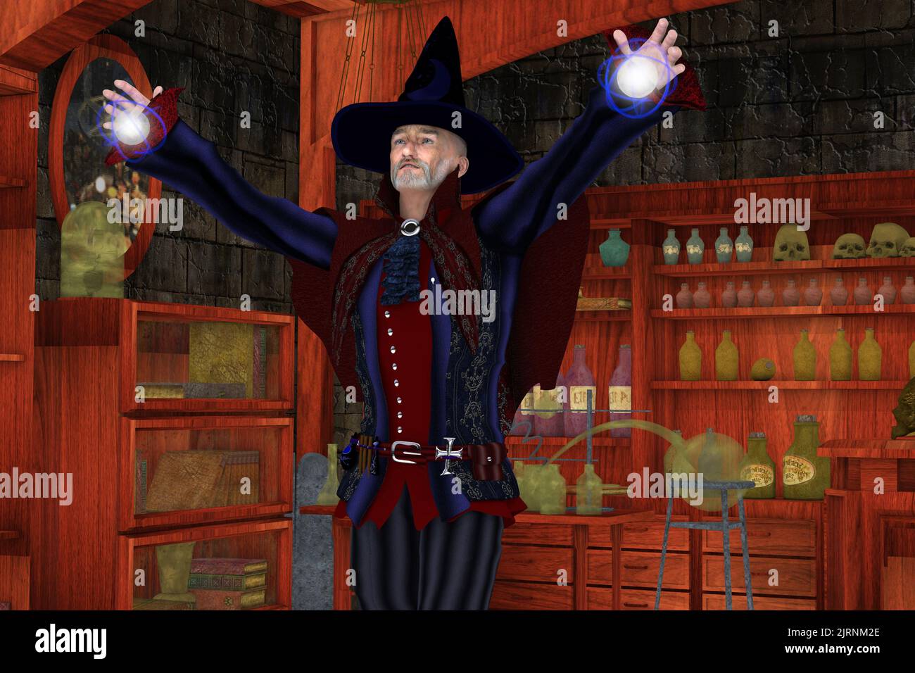 Magic Wizard with Orbs - Un mago colorato manipola due orbe incandescenti nel lanciare un incantesimo nel suo laboratorio pieno di pozioni magiche. Foto Stock
