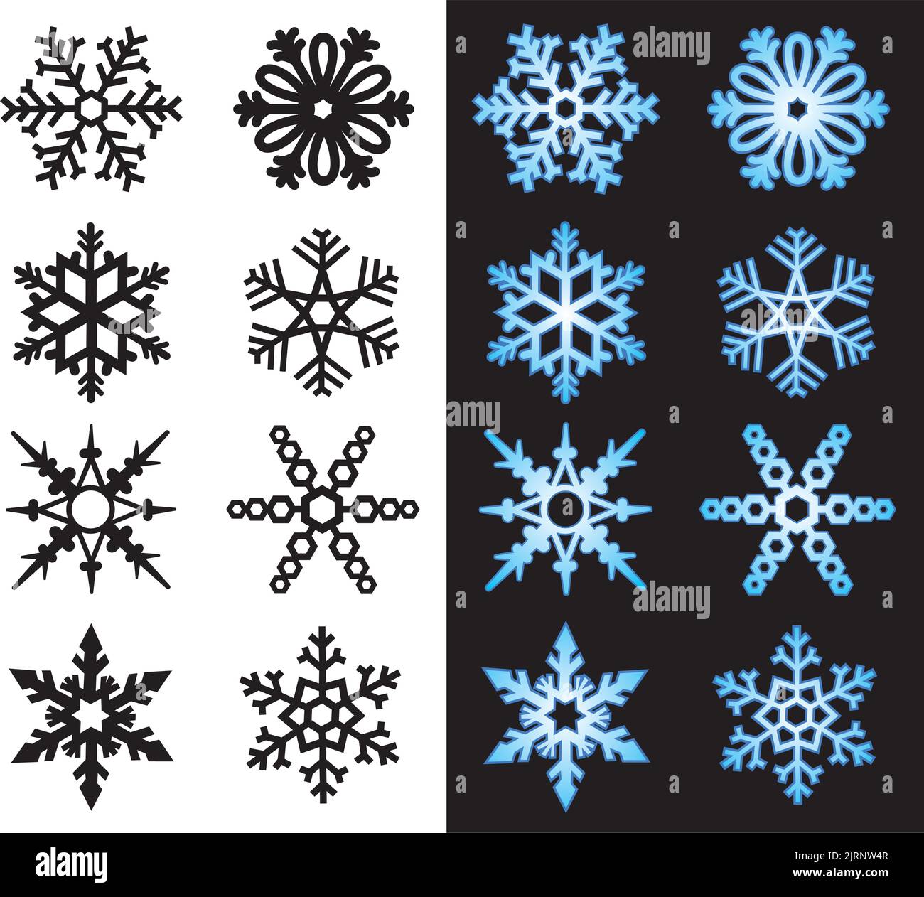 Un insieme di icone vettoriali illustrate di fiocchi di neve d'inverno. Illustrazione Vettoriale