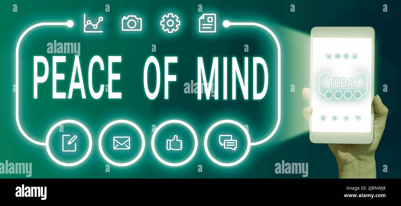 Segno che mostra la pace della mente. Concetto che significa essere pacifico felice con le cose che avete fatto e compite Foto Stock