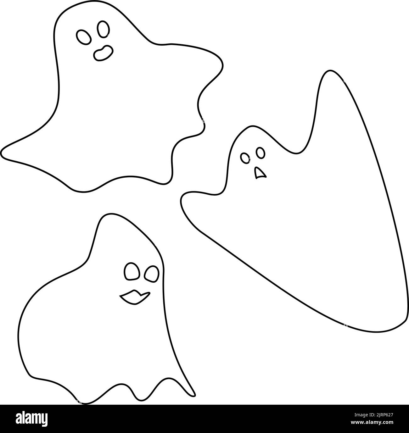 Silhouette trasparenti di tre fantasmi su sfondo trasparente. Set vettoriale per Halloween. Isolare. Halloween felice. Design di stampa alla moda. Adatto per lettere, poster, messaggi di saluto, imballaggio, striscioni Illustrazione Vettoriale