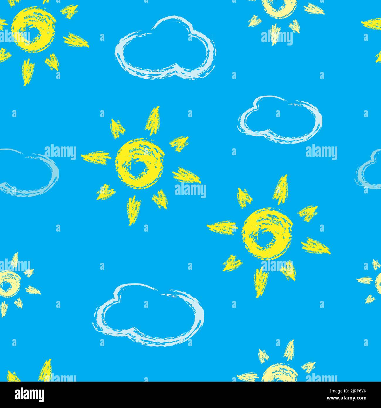 Motivo senza cuciture con nuvolosità. Nuvole e scarabocchio di sole disegnano su sfondo blu. Illustrazione vettoriale del gesso per bambini. Illustrazione Vettoriale