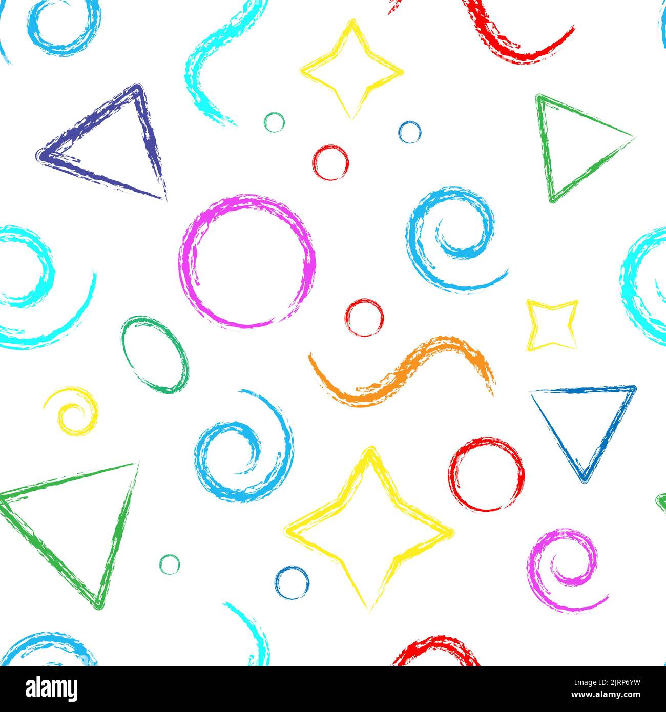 Disegno geometrico a mano grunge colore modello senza cuciture con triangoli, cerchi e forme su sfondo bianco. Illustrazione Vettoriale