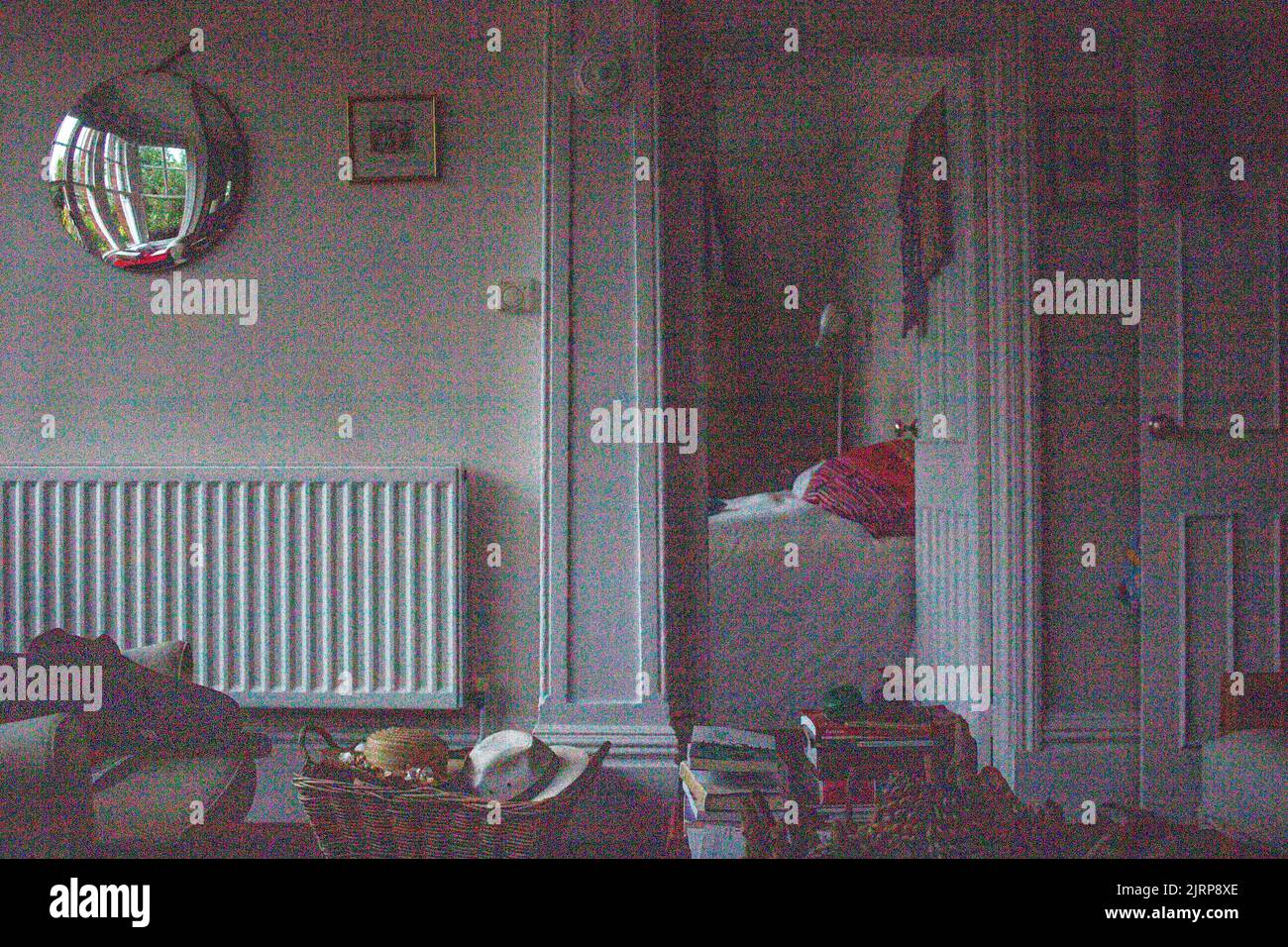 Un esempio di rumore digitale fotografico; il risultato sgradevole di sottoesposizione o ISO estremamente elevati; i punti verdi e rossi sfigurano l'immagine Foto Stock