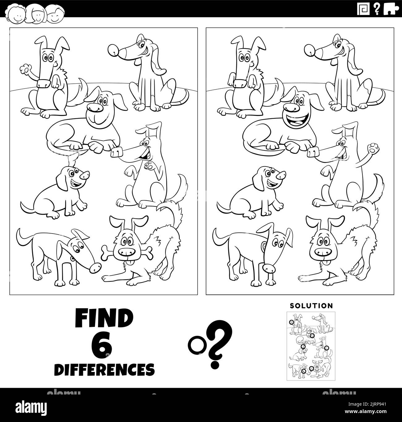 Cartoon bianco e nero illustrazione di trovare le differenze tra le immagini gioco educativo con cani caratteri animali pagina da colorare Illustrazione Vettoriale