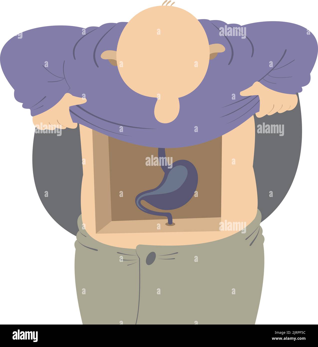 Sistema di digestione. L'uomo divertente guarda dentro lo stomaco Illustrazione Vettoriale