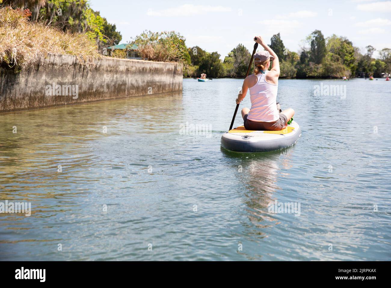 Giovani donne in paddleboarding sul Crystal River vicino a Three Sisters Springs Foto Stock