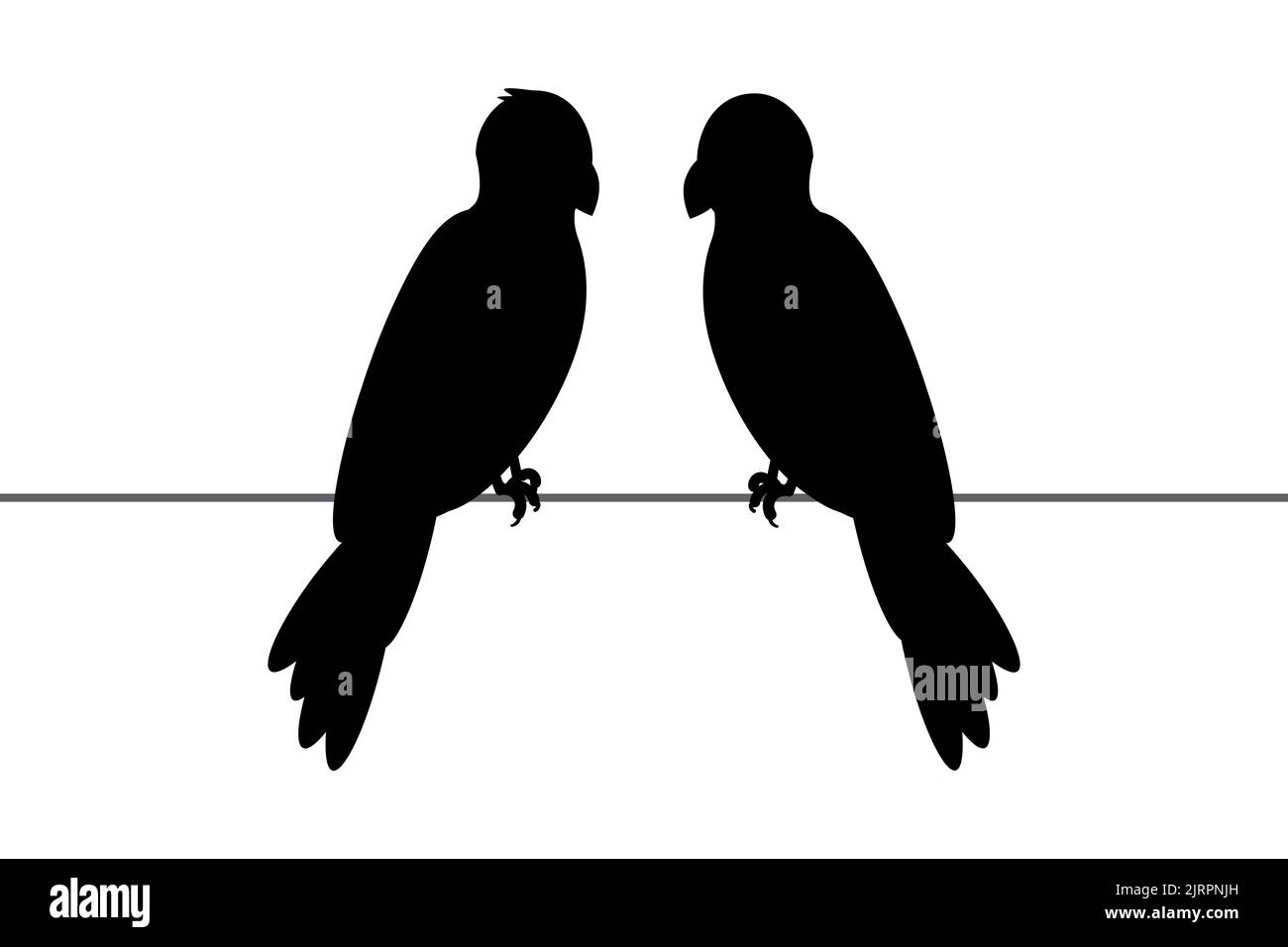 I pappagalli di silhouette si siedono su un filo. Silhouette di uccelli su un filo. Illustrazione isolata su sfondo bianco. Vettore. Illustrazione Vettoriale