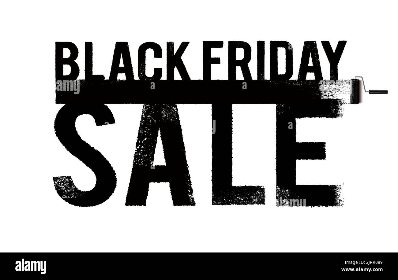 Black Friday sale - colpo di vernice nera con rullo di vernice e lettere di vendita maiuscola Illustrazione Vettoriale