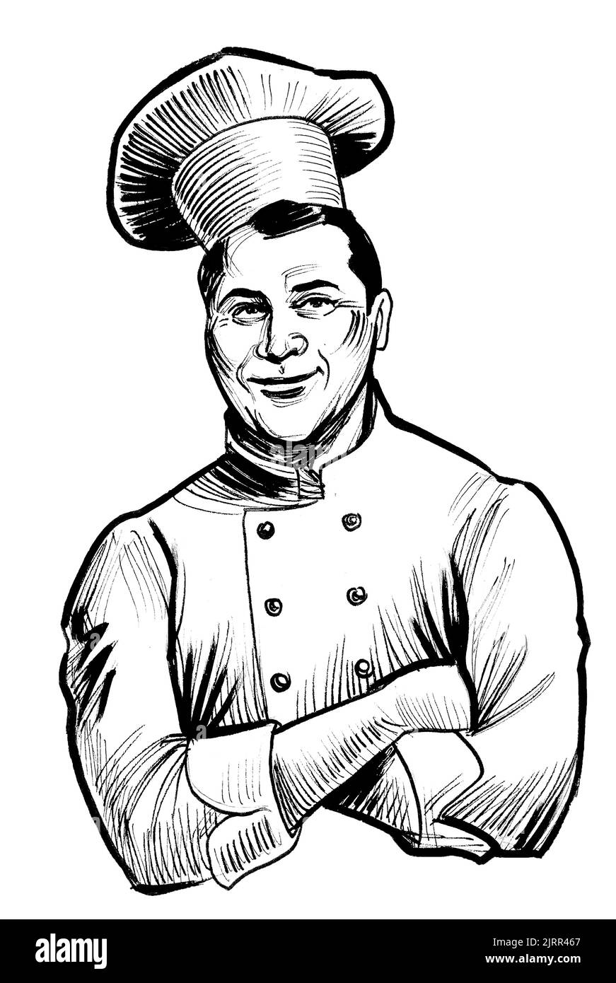 Chef sorridente felice. Disegno in bianco e nero con inchiostro Foto Stock