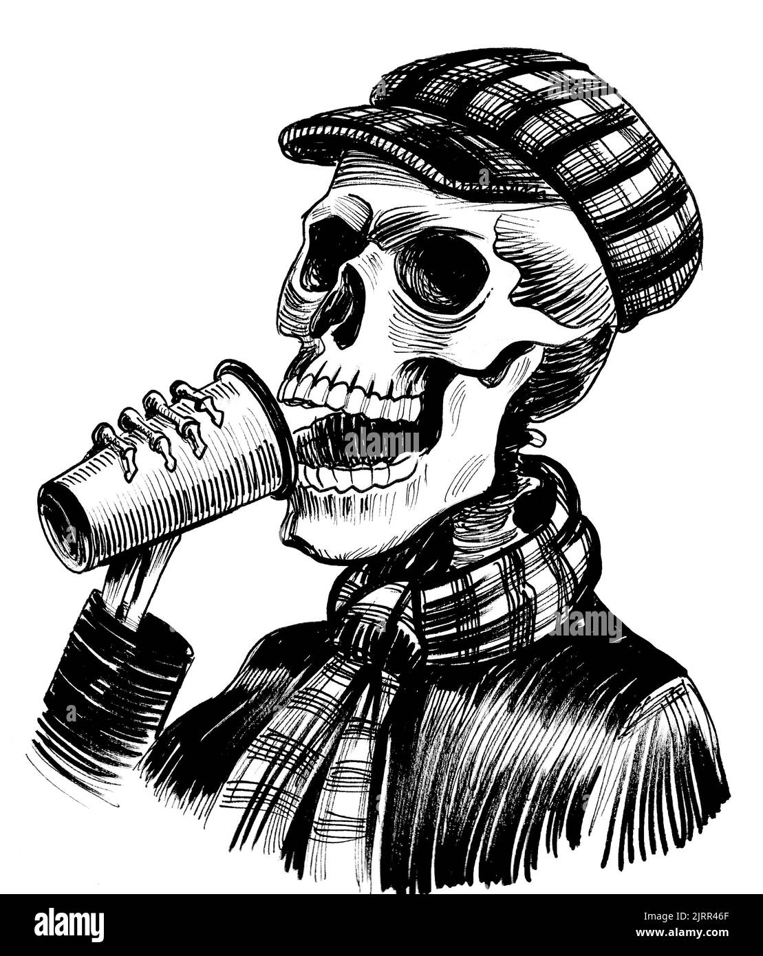 Scheletro umano che beve una tazza di caffè. Disegno in bianco e nero con inchiostro Foto Stock