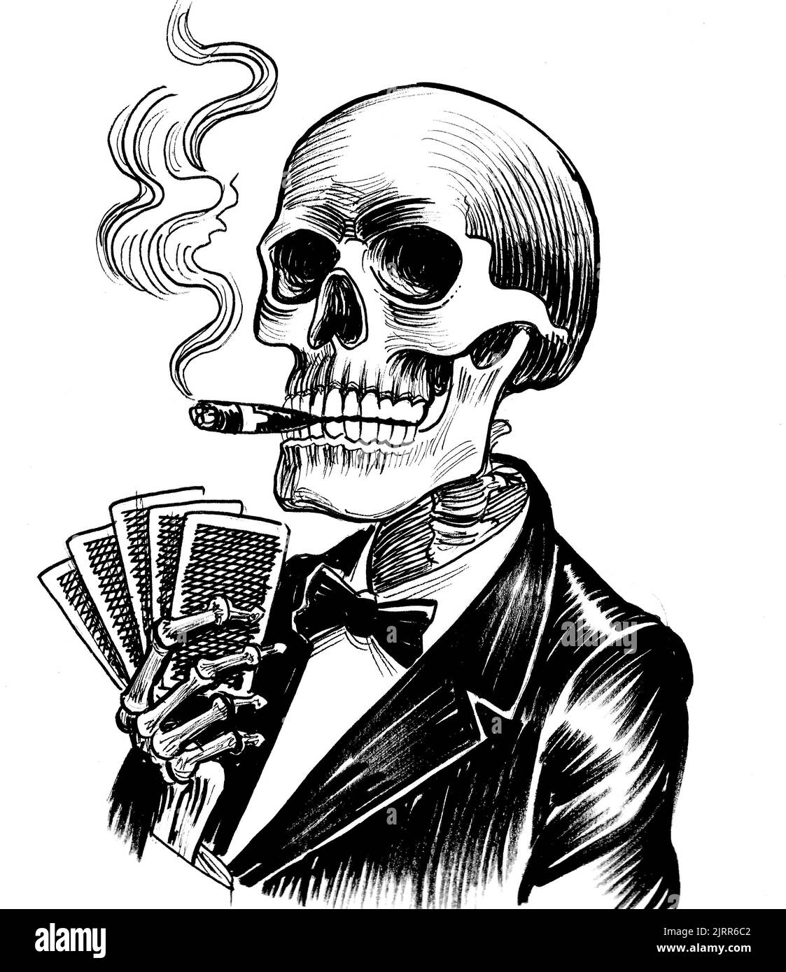 Scheletro umano con un mazzo di carte da gioco. Disegno in bianco e nero a inchiostro Foto Stock