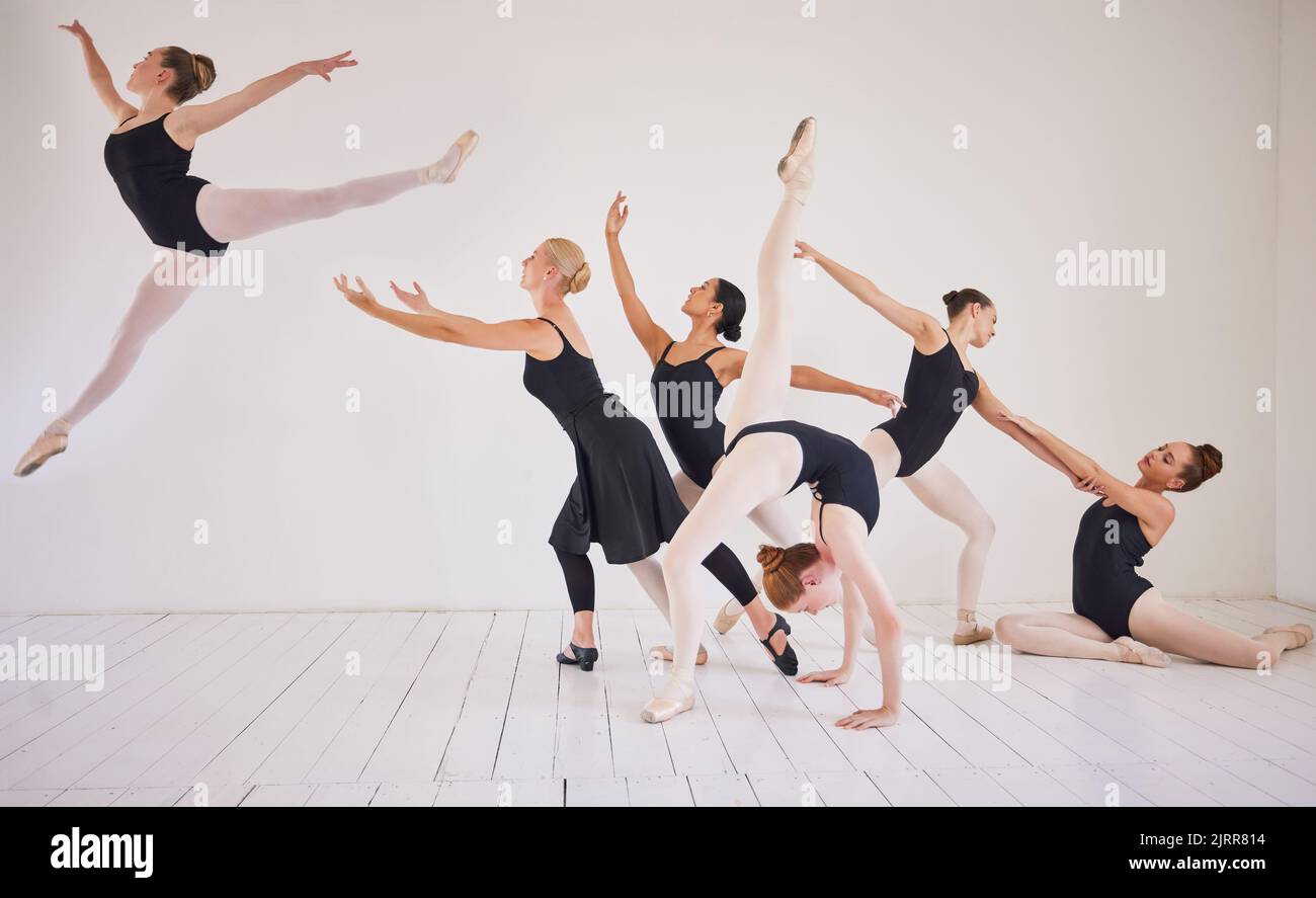 Formazione di balletti, studenti di danza o routine in studio con diversità di gruppo di ballerini in jump performance per palcoscenico o teatro. Teatro creativo Foto Stock