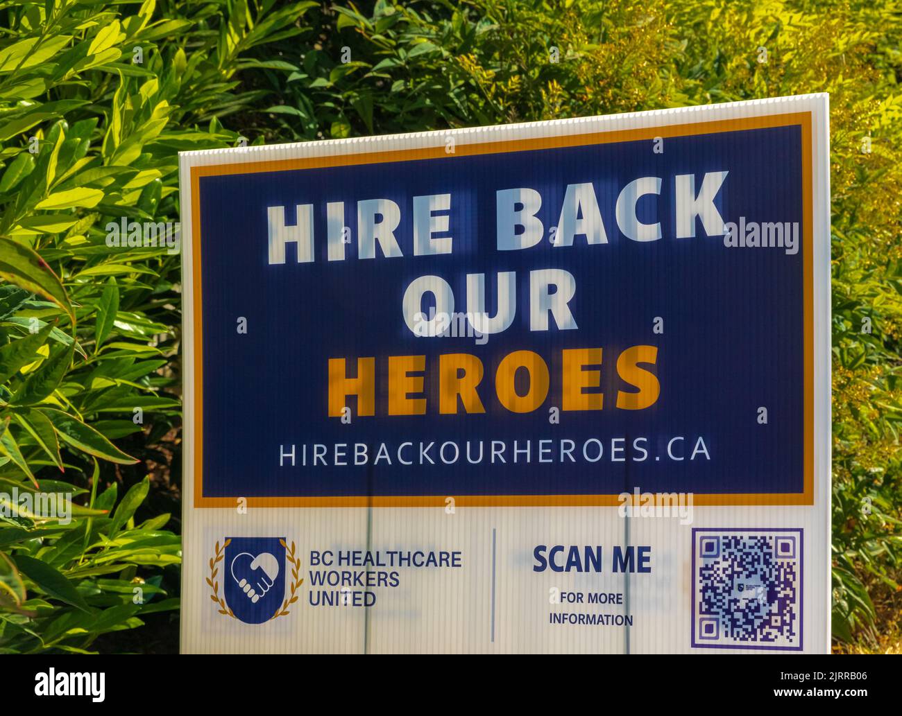 Di nuovo al lavoro. Assumere indietro i nostri eroi cartello. British Columbia Healthcare Workers united. Nessuno, foto di strada-agosto 17,2022-Surrey BC Canada Foto Stock