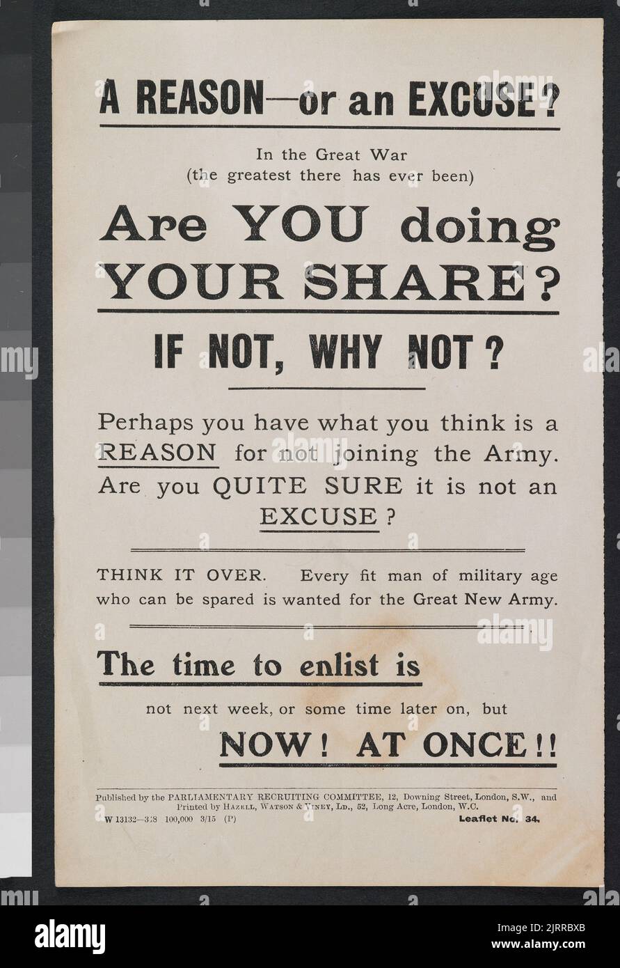 Stai facendo la tua quota se non perché no, 1915, Londra, di Hazell, Watson e Viney Ltd., Comitato parlamentare di reclutamento. Foto Stock