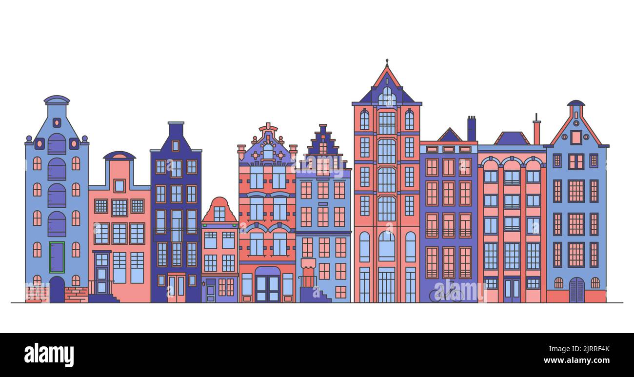 Fila di case in stile Amsterdam. Facciate di vecchi edifici europei per la decorazione natalizia. Illustrazione piatta vettoriale Illustrazione Vettoriale