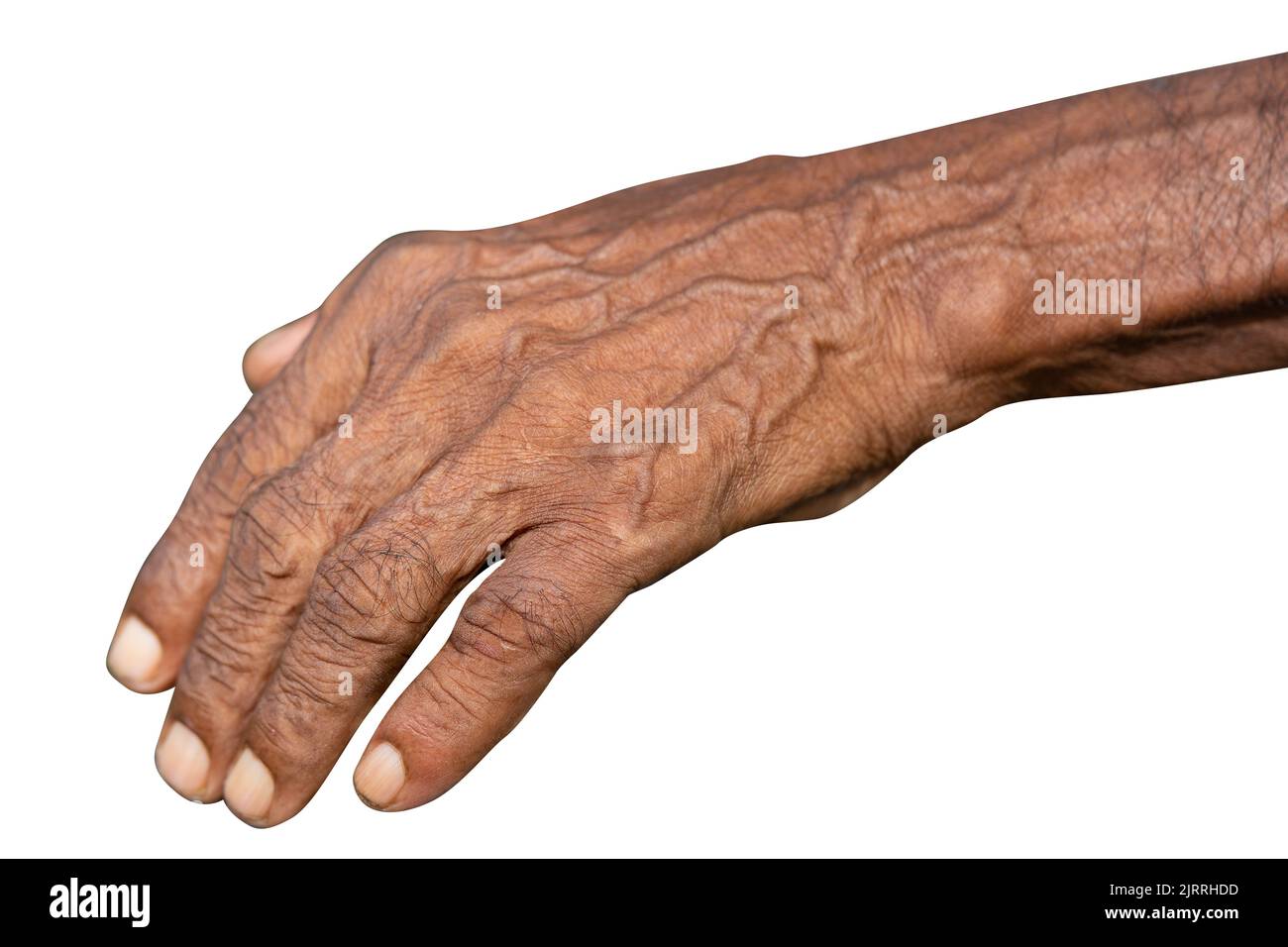 La mano del vecchio su uno sfondo bianco Foto Stock