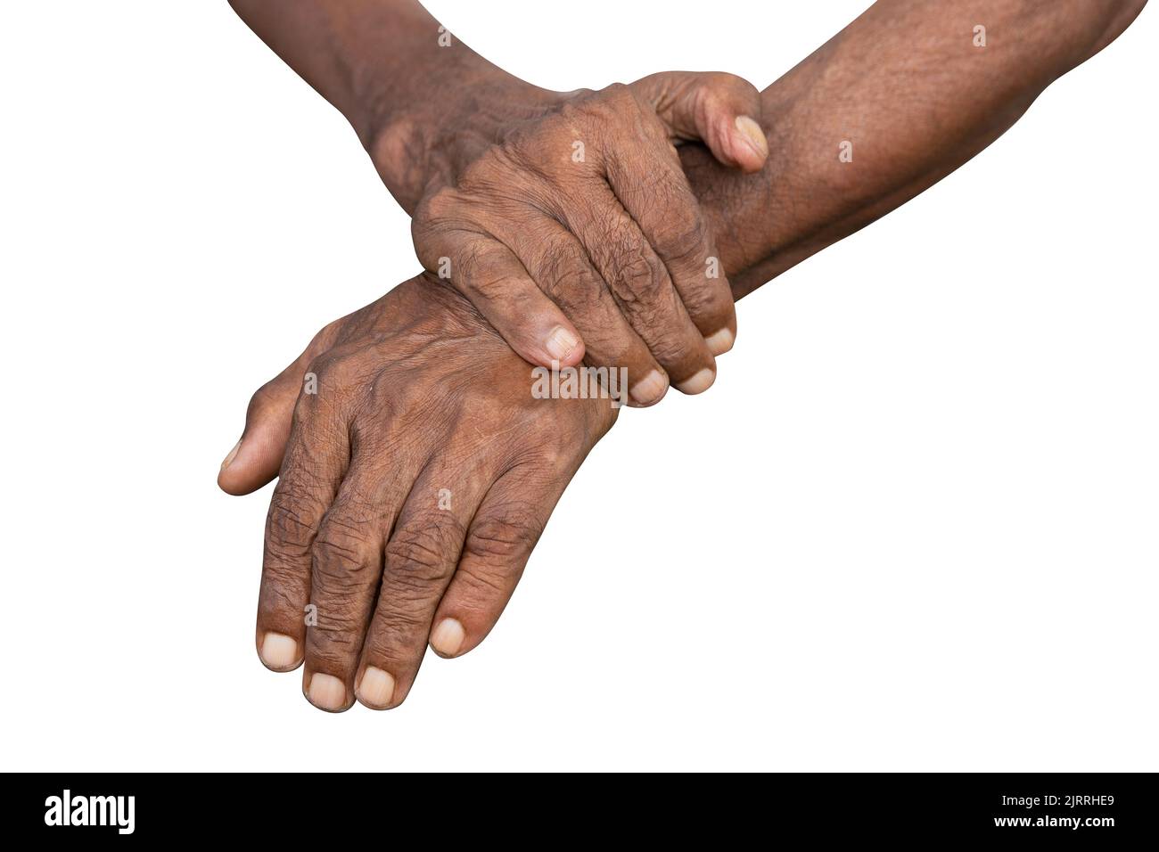 La mano del vecchio su uno sfondo bianco Foto Stock