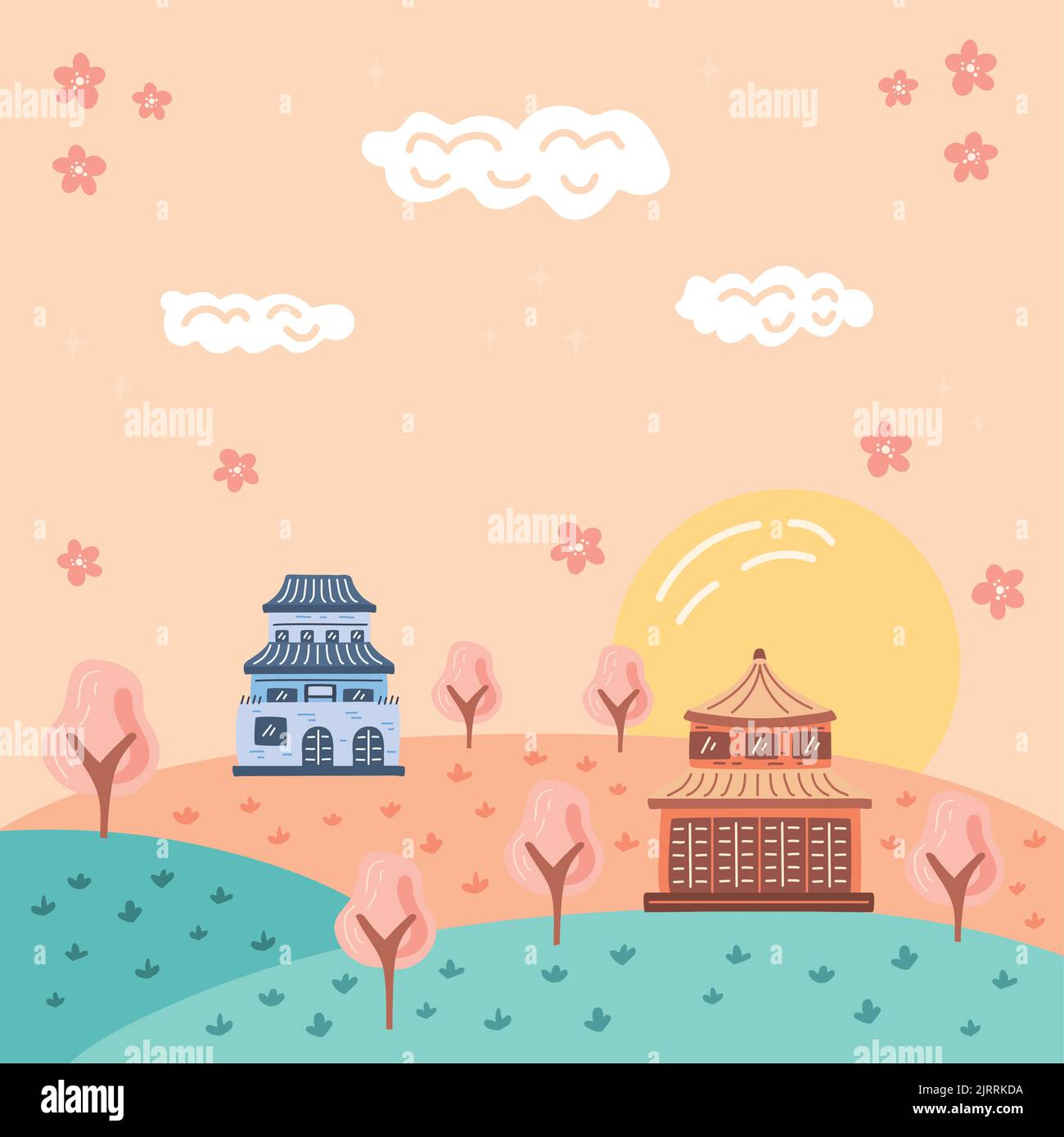 paesaggio coreano con illustrazione case Illustrazione Vettoriale