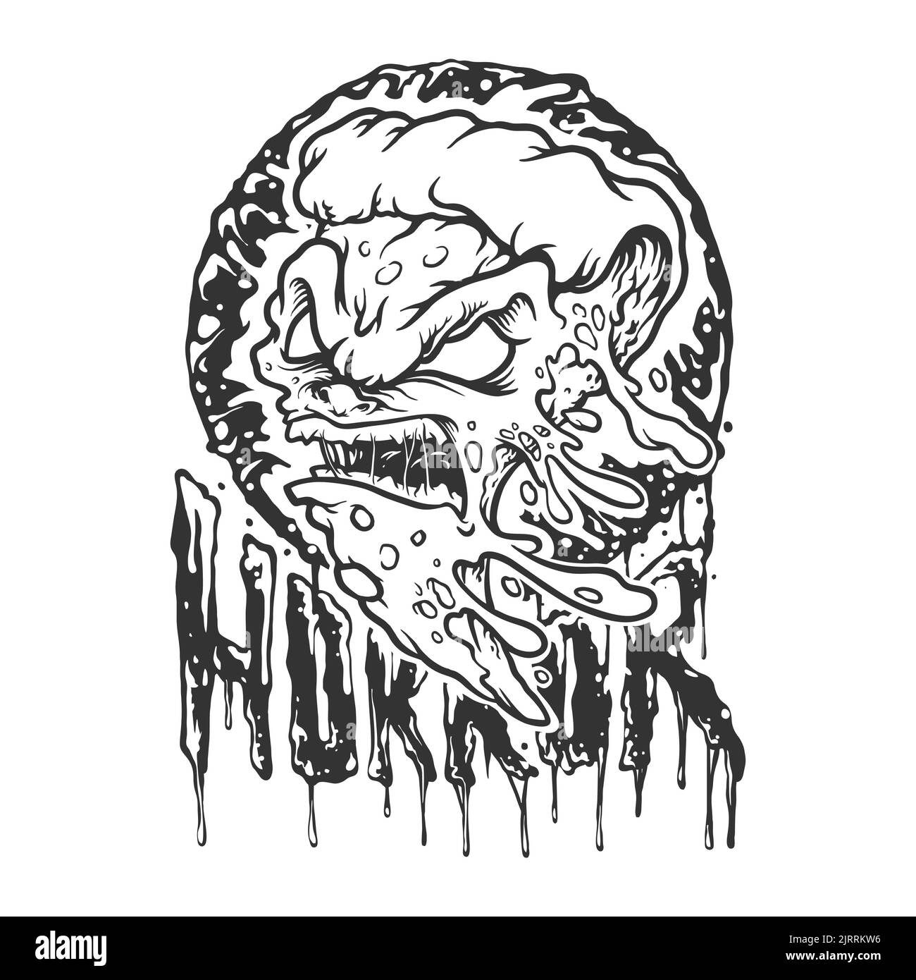 Arrabbiato pizza delizioso con horror fusione scritta monocromatica Vector illustrazioni per il tuo lavoro Logo, mascotte merchandise t-shirt, adesivi ed etichetta Foto Stock