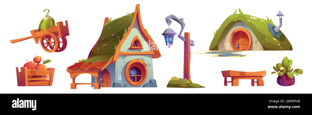 Casa di fantasia di nano o hobbit oggetti isolati. Cartone animato fiabesco dimora in hillock, cottage, lanterna, carrello con anguria, scatola di legno con un Illustrazione Vettoriale