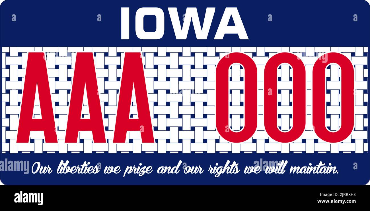 Marcatura delle targhe dei veicoli in Iowa negli Stati Uniti d'America, targhe dei veicoli. Numeri di patente di guida dei diversi stati americani. Stampa vintage per Illustrazione Vettoriale