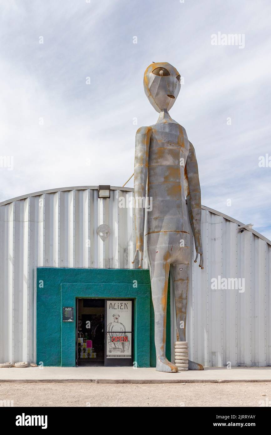 Hiko, USA - 2 giugno 2022: L'Alien Research Center è un negozio di articoli da regalo a tema extraterrestre sulla Nevada state Rt. 375. Qui una scultura aliena di metallo alta Foto Stock