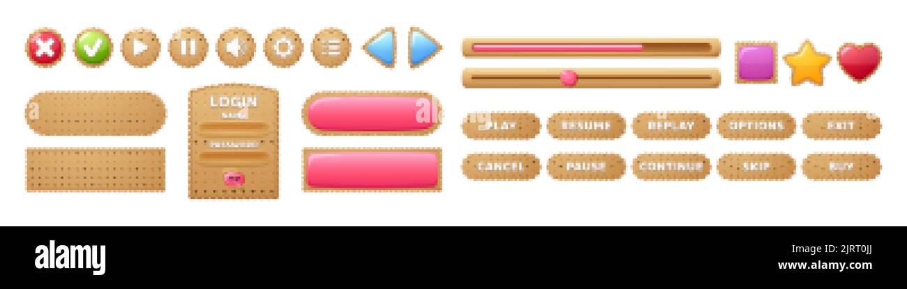 Pulsanti di gioco cookie, interfaccia di menu di cracker texture. Finestra Cartoon, opzioni, piastre di impostazioni, barre di avanzamento dell'interfaccia utente ed elementi gui. Pannelli utente, verro Illustrazione Vettoriale