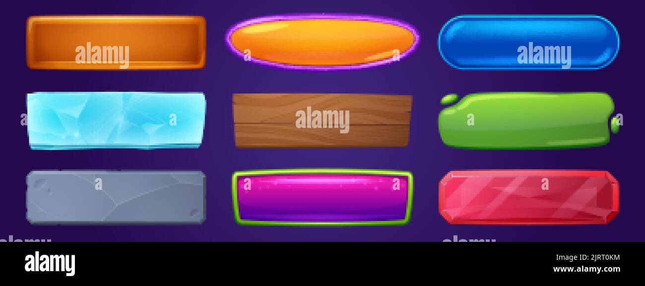 Pulsanti del menu Web e del gioco con texture in legno, ghiaccio, pietra, vetro e cristallo. Cartoni animati vettoriali Set di pulsanti rettangolari da diversi isolat di materiali Illustrazione Vettoriale