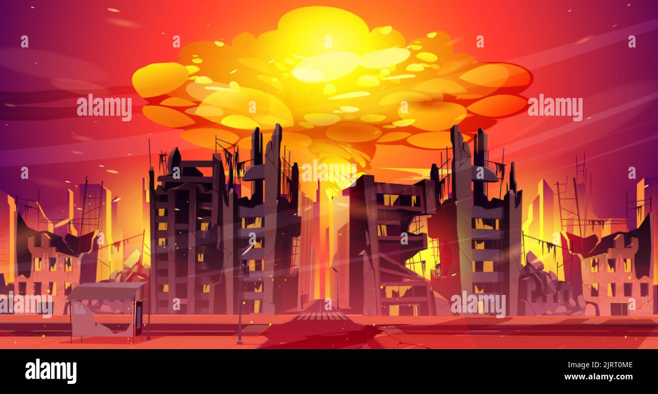 Il fungo dell'esplosione della guerra nucleare che si innalza nella metropoli cittadina. Nuvola di fuoco di bomba atomica detonazione sopra edifici grattacielo rotto vista frontale. Destro Illustrazione Vettoriale