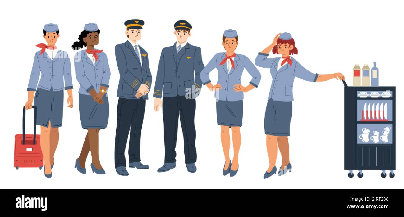 Pilota dell'equipaggio di aeroplano, assistente e hostess con bagaglio e carrello per il cibo. Personale aeronautico, in uniforme, team professionale di lavoratori maschili e femminili Illustrazione Vettoriale