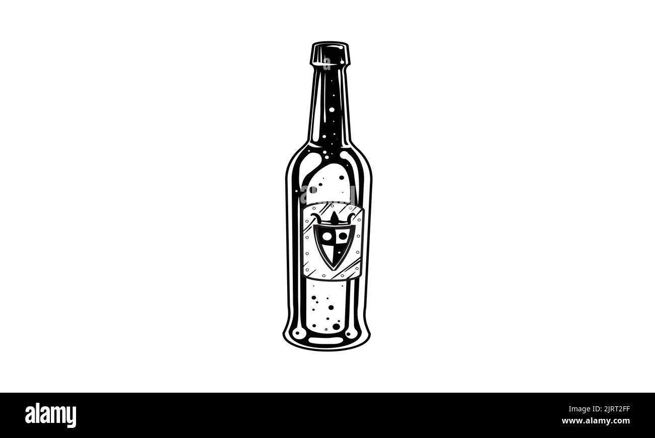 Pub con birra artigianale testurizzata, birreria, design con logo bar con silhouette di bottiglie e sunburst. Etichetta vettoriale, emblema, tipografia. Illustrazione Vettoriale