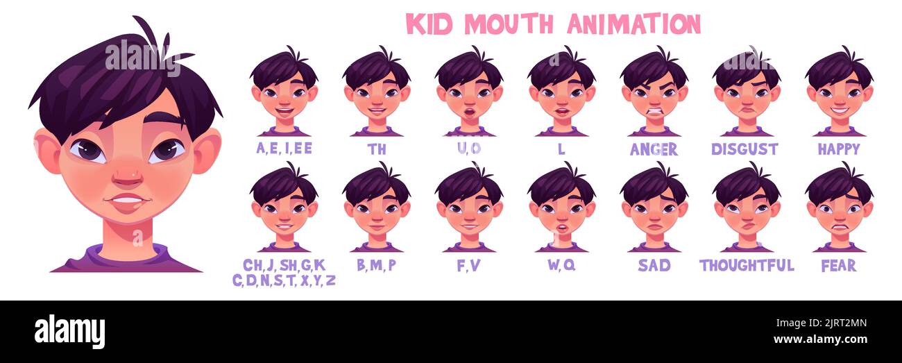 Animazione della bocca dei bambini con espressioni facciali diverse. Little asian boy cartone animato carattere LIP Sync suono pronuncia e lingua fonema, bocca tal Illustrazione Vettoriale