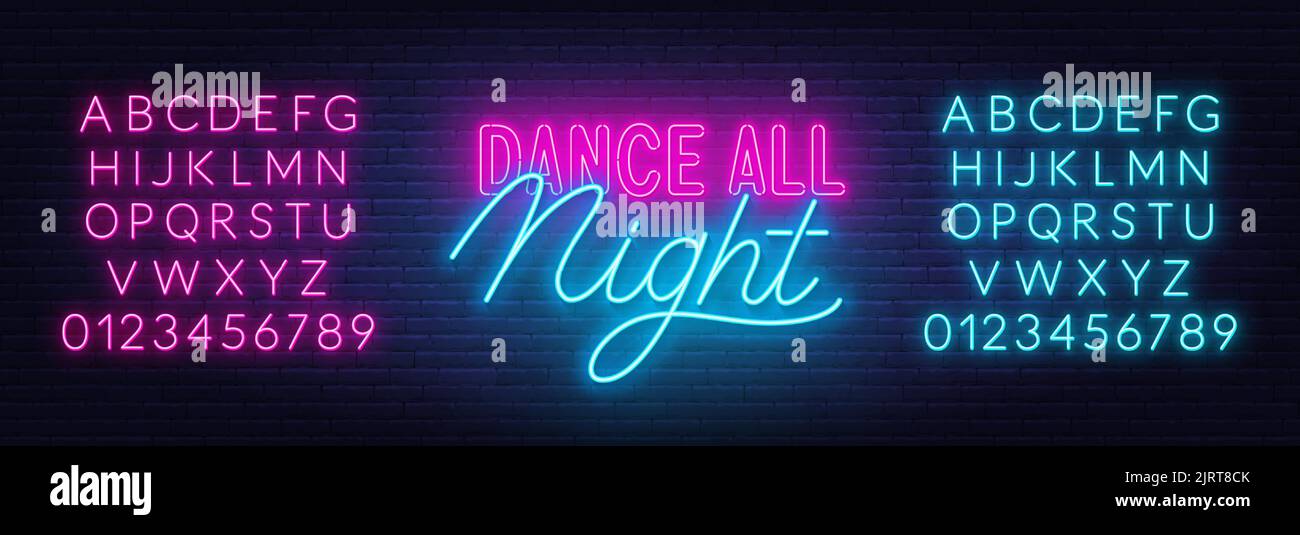 Danza tutta la notte neon segno su un muro di mattoni. Illustrazione Vettoriale