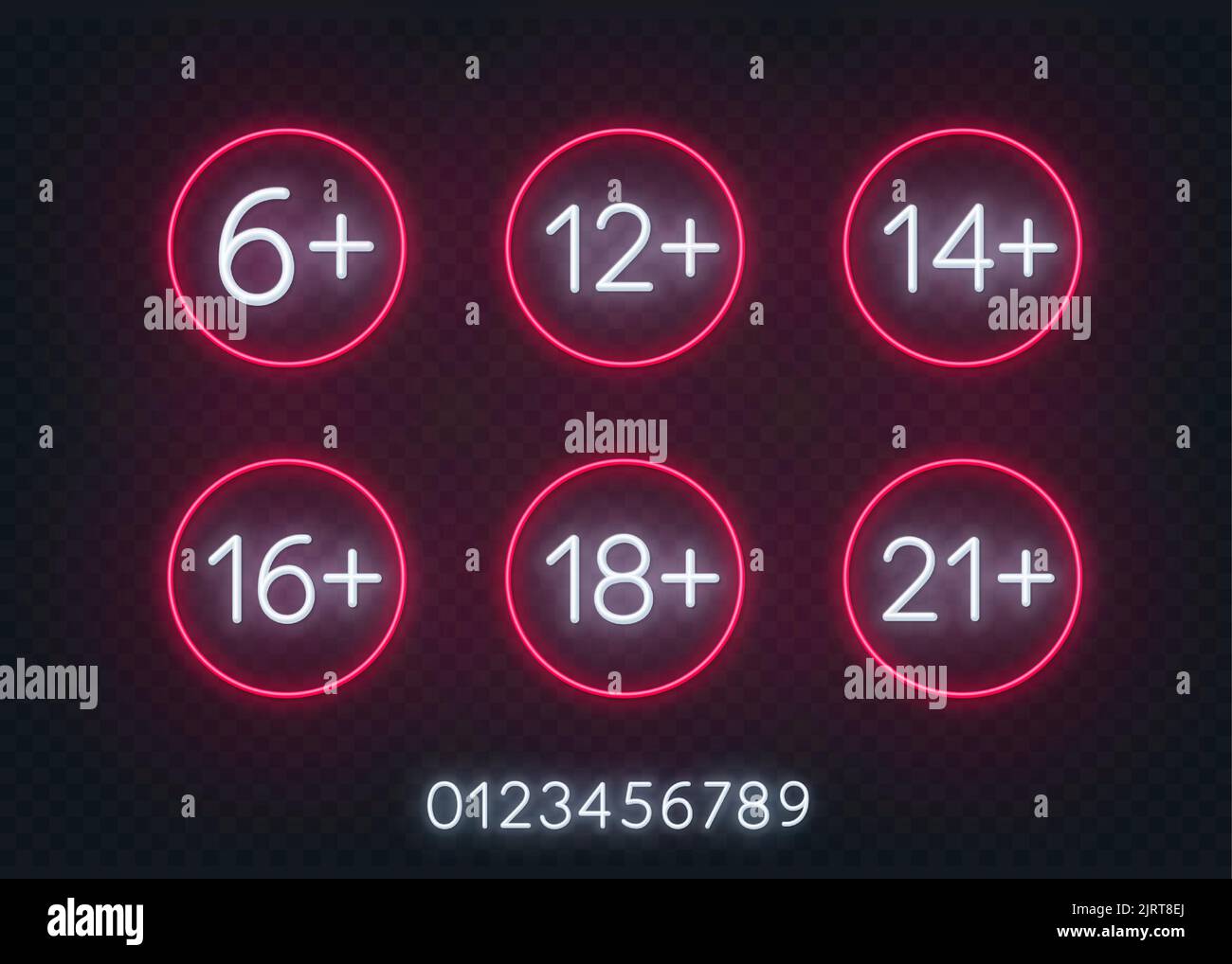 Segno al neon del limite di età 6, 12, 14,16,18 e 21 più su sfondo trasparente. Simboli delle restrizioni di età. Illustrazione Vettoriale