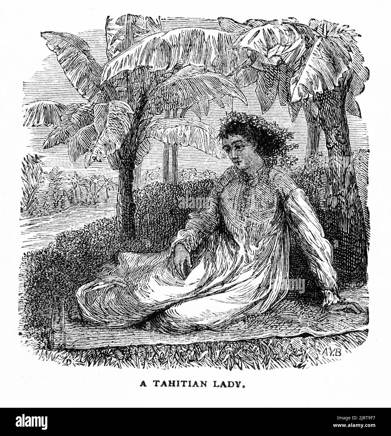 Incisione di una donna nativa a Tahiti, da Un viaggio nel Sunbeam della baronessa Anna 'Annie' Brassey (1839 – 1887), pubblicata nel 1878 Foto Stock