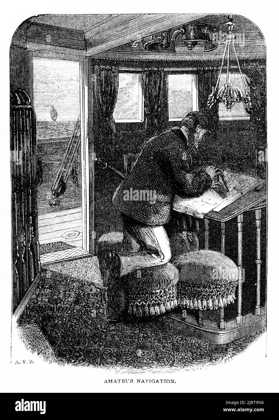 Incisione di un equipaggio dilettante, probabilmente Baron Brassey stesso, lavorando alla navigazione del Sunbeam, da Un viaggio nel Sunbeam della Baronessa Anna 'Annie' Brassey (1839 – 1887), pubblicata nel 1878 Foto Stock