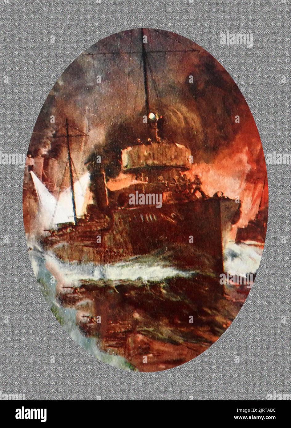 Un'illustrazione britannica vintage di una nave da guerra britannica sotto il fuoco di notte Foto Stock