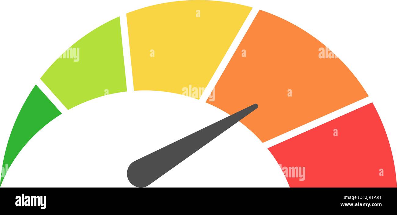 Tachimetro vettoriale con freccia per cruscotto con indicatori verdi, gialli, rossi. Indicatore del contagiri. Livello basso, medio, alto e di rischio. Bitcoin Illustrazione Vettoriale