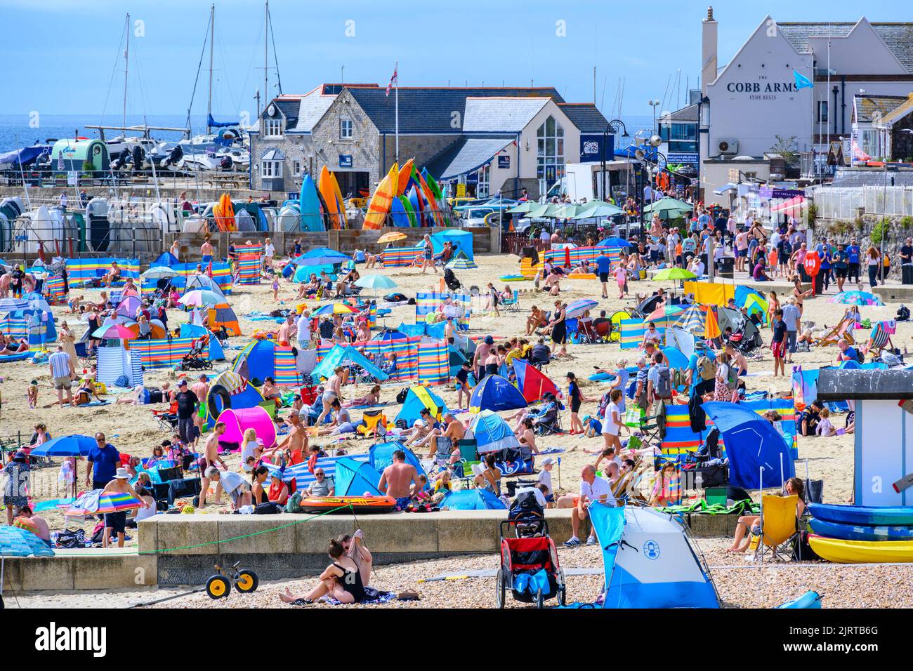 Lyme Regis, Dorset, UK. 26th ago, 2022. UK Weather: Vacanze e i bagnanti si riversano sulla spiaggia affollata presso la stazione balneare di Lyme Regis per crogiolarsi al sole caldo e bruciante mentre il tempo estivo ritorna in tempo per il weekend di agosto. Credit: Celia McMahon/Alamy Live News Foto Stock