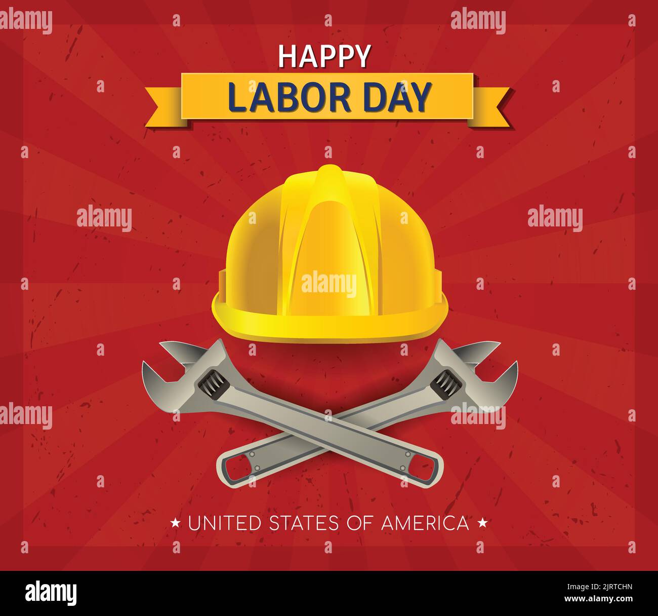 Happy Labor Day USA retro Sunburst Vector Poster Illustration Settembre 5 Celebration. Design realistico del casco e della chiave a vite. Post sui social media Illustrazione Vettoriale