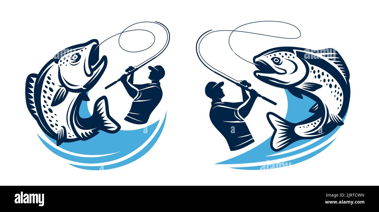 Logo o badge da pesca. Pescatore cattura grandi pesci su asta di filatura. Simbolo di angolazione isolato. Illustrazione vettoriale Illustrazione Vettoriale