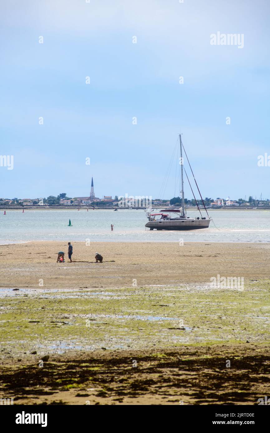 Vista su Ars-en-ré da la patache sull'isola di ile-de-Ré sulla bassa marea con le barche che riposano e la gente che cerca conchiglie nella giornata di sole in estate Foto Stock